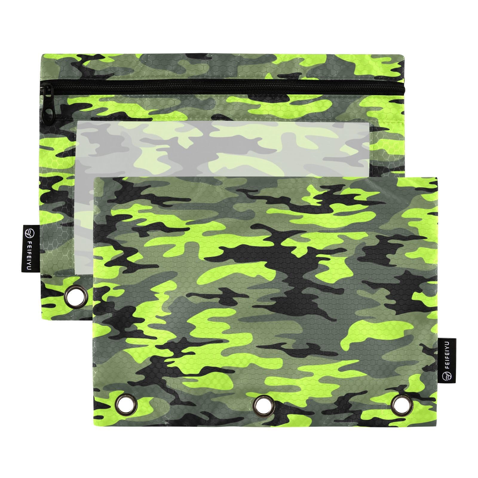 Coikll Green Black Camo Pencil Pouch Fits Standard 3-Ring Binders, Zipper Binder Pencil Bag With Clear Window For Class Office 2